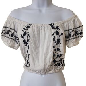 Off-Shoulder White Blouse with Black Embroidery